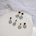 Vintage Korean Checkered Enamel Heart Stud Drop Earrings With Silver Needle And Alloy Gold Trim Earrings view 1