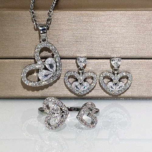 Heart Shaped Rhinestone Necklace And Stud Earrings Set, Versatile Three Piece Jewelry Set