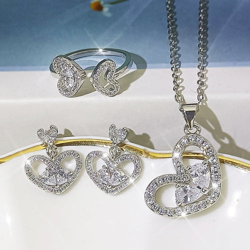 Heart Shaped Rhinestone Necklace And Stud Earrings Set, Versatile Three Piece Jewelry Set