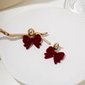 Elegant Burgundy Velvet Bowknot Drops With Gold Alloy Ball Studs Autumn Winter Fashion Earrings view 2