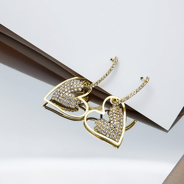 Luxury Gold Plated Heart Drop Stud Earrings With Inlaid Rhinestone Crystal Tassel For Women Earrings