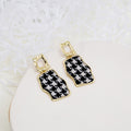 Vintage Black White Plaid Tweed Fabric Irregular Geometric Gold Alloy Stud Drop Dangle Earrings view 3