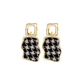 Vintage Black White Plaid Tweed Fabric Irregular Geometric Gold Alloy Stud Drop Dangle Earrings view 5