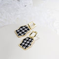 Vintage Black White Plaid Tweed Fabric Irregular Geometric Gold Alloy Stud Drop Dangle Earrings view 2