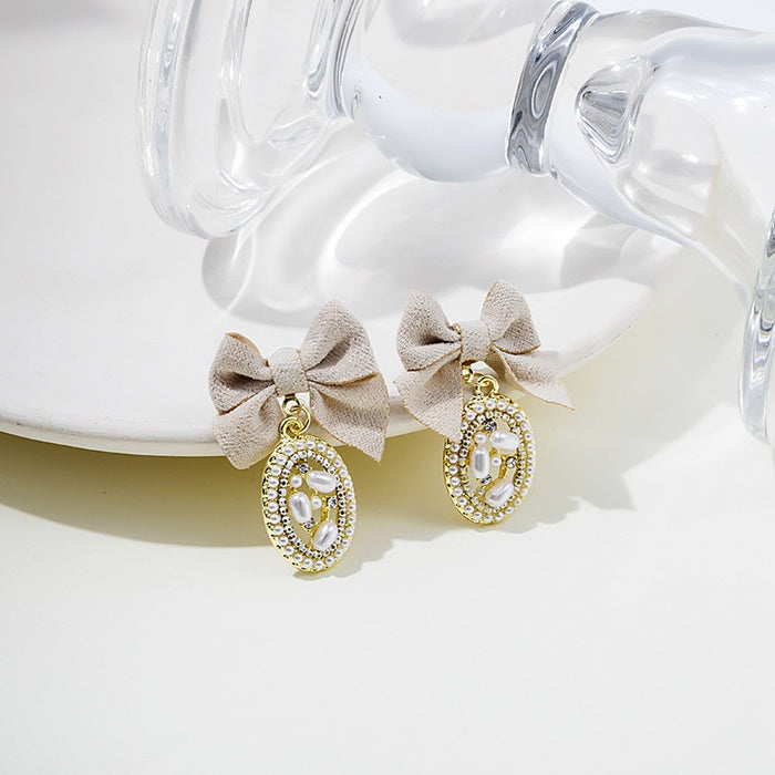 Elegant Bow Knot Oval Pearl Rhinestone Gold Alloy Stud Drop Earrings