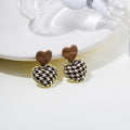 Vintage Plaid Tweed Heart Studs With Brown Enamel Heart Top And Gold Alloy Rope Trim Earrings view 1