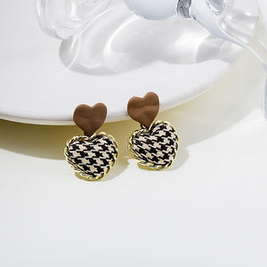 Vintage Plaid Tweed Heart Studs With Brown Enamel Heart Top And Gold Alloy Rope Trim Earrings