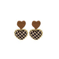 Vintage Plaid Tweed Heart Studs With Brown Enamel Heart Top And Gold Alloy Rope Trim Earrings view 5