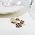 Vintage Plaid Tweed Heart Studs With Brown Enamel Heart Top And Gold Alloy Rope Trim Earrings view 4