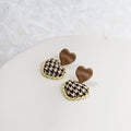 Vintage Plaid Tweed Heart Studs With Brown Enamel Heart Top And Gold Alloy Rope Trim Earrings view 2