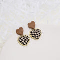 Vintage Plaid Tweed Heart Studs With Brown Enamel Heart Top And Gold Alloy Rope Trim Earrings view 3