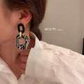 Vintage Striped Acrylic Hollow Circle Hoop Earrings With Silver Posts Geometric Statement Style view 2