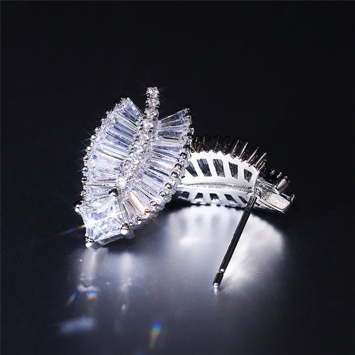 Fashion European Copper Leaf Stud Earrings With Zircon Inlay, Natural Style OL Women's Ear Jewelry