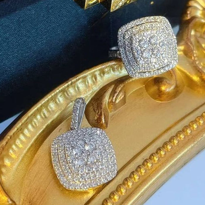 Sparkling Square Full Cubic Zirconia Ring And Necklace Set, Wedding Bridal Jewelry