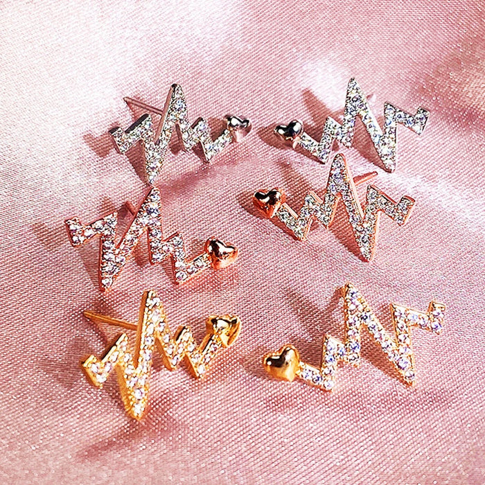 Creative Electrocardiogram Heartbeat Zircon Stud Earrings Simple Lightning Earrings For Women