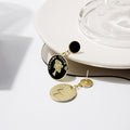 Vintage Palace Relief Lady Portrait Round Enamel Rhinestone Alloy Black Oval Stud Drop Earrings view 4