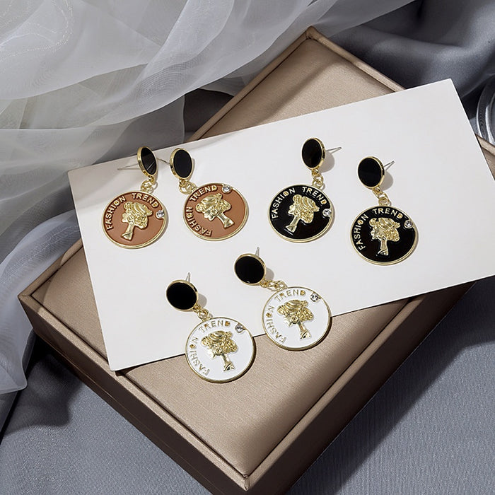 Vintage Palace Relief Lady Portrait Round Enamel Rhinestone Alloy Black Oval Stud Drop Earrings
