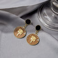 Vintage Palace Relief Lady Portrait Round Enamel Rhinestone Alloy Black Oval Stud Drop Earrings view 3