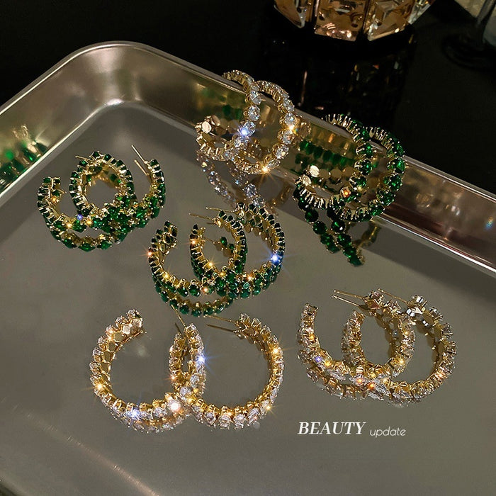 Alloy Silver Pin Green Zircon C-Shaped Hoop Earrings Geometric Water Flow Ethnic Statement Jewelry
