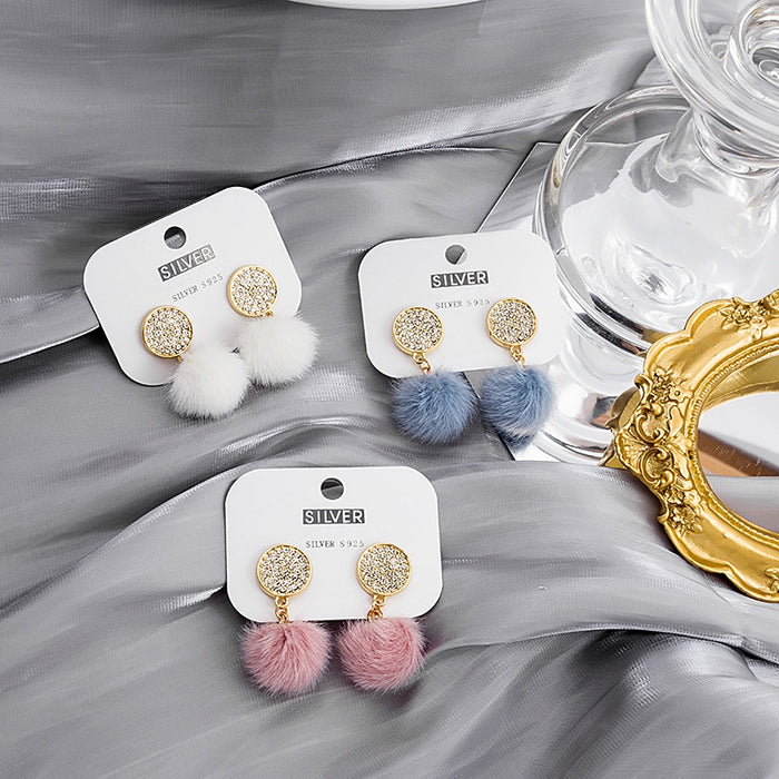 Elegant Micro Pave Zircon Round Studs With Soft Faux Fur Pom Pom Drops For Women Silver Needle Earrings