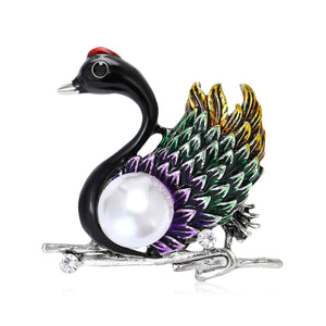 Alloy Enamel Swan Brooch With Pearl Detail For Lapels