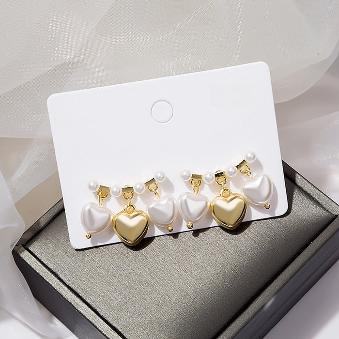 Elegant Vintage Pearl Heart Drop Studs With 925 Silver Pins Gold Tone Alloy Women's Fashion Earrings