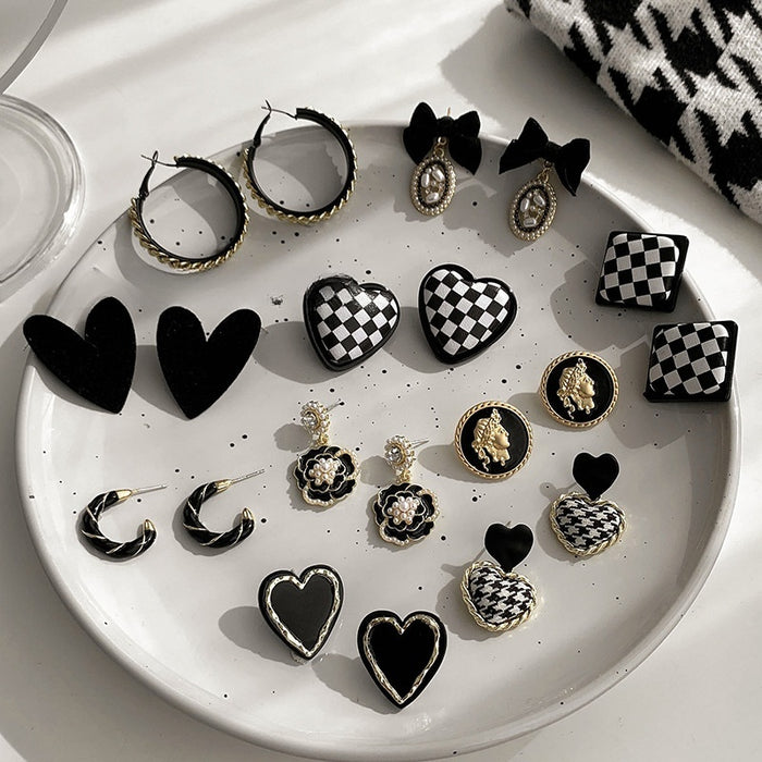Retro Korean Black And White Checkerboard Square Stud Earrings For Women Minimalist Jewelry