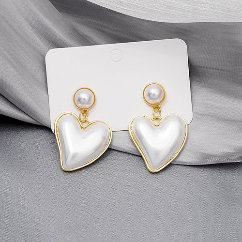 Elegant Korean Style S925 Silver Needle Pearl Studs With White Enamel Heart Drop Gold Trim Earrings