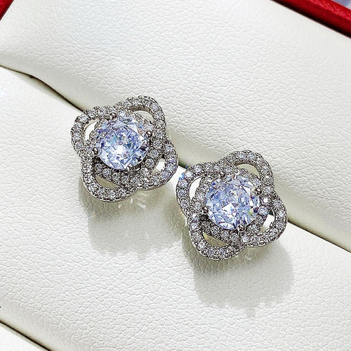 Creative Rotating Flower Full Zircon Stud Earrings European American Fashion Engagement Earrings
