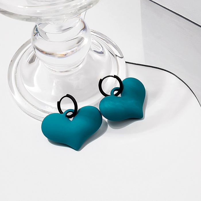 Matte Teal Enamel Heart Hoop Stud Earrings For Women Trendy Minimalist 3D Love Shape Alloy Earrings
