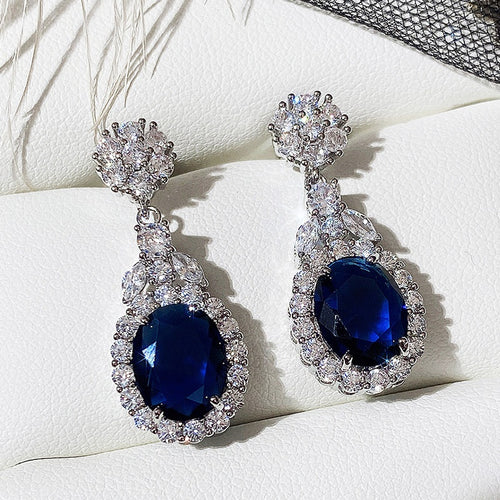 European Minimalist Oval Sapphire Blue Zircon Stud Earrings Imitation Jewelry For Women