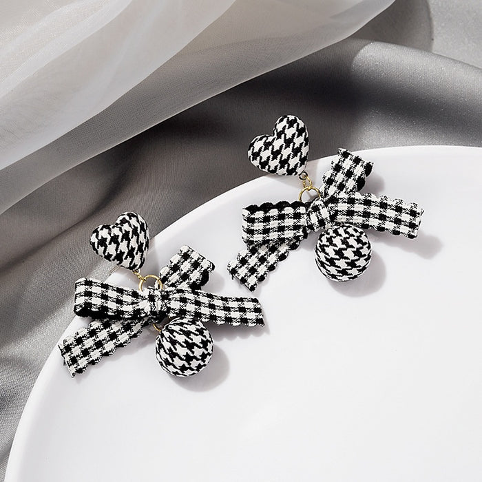 Houndstooth Fabric Heart Bowknot Plaid Ribbon Ball Tassel Long Alloy Stud Drop Earrings
