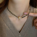 Korean Style Faux Leather Wrap Chain Rhinestone Magnetic Alloy Plaid Choker Necklace For Women view 3