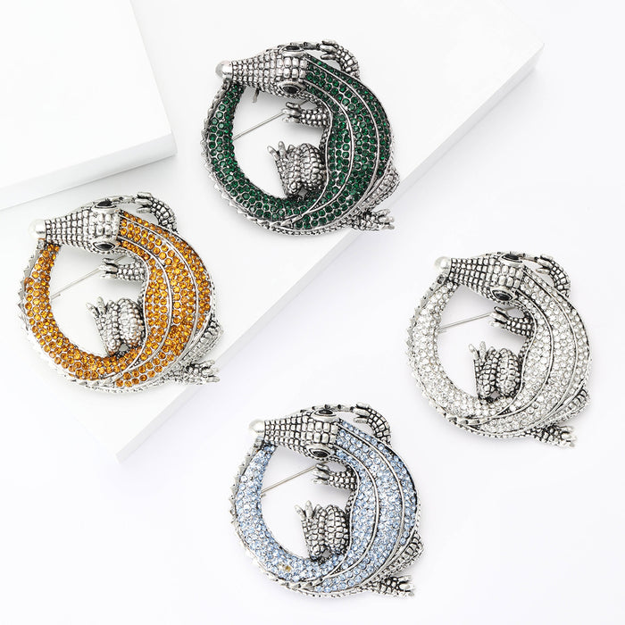 Alloy Rhinestone Crocodile Brooch Pin For Men's Suit And Coat