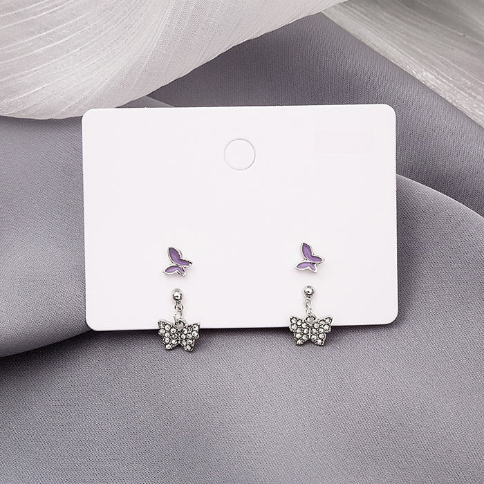 Elegant 925 Silver Needle Purple Enamel Double Butterfly Rhinestone Dangle Stud Earrings