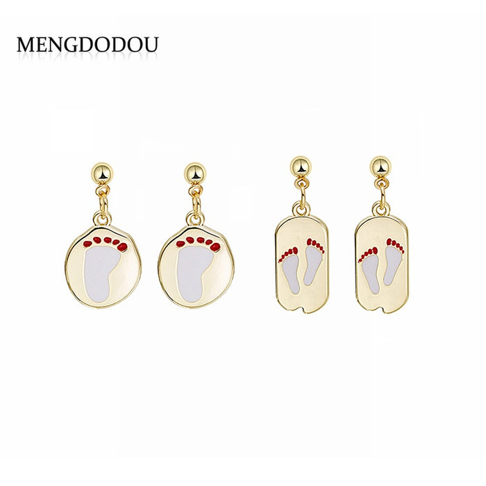 Elegant Vintage Geometric Asymmetric Gold Tone Alloy Enamel Baby Footprint Drop Stud Earrings