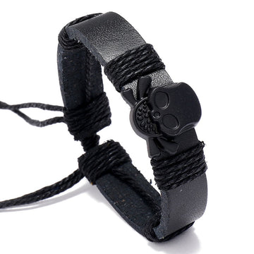 European Men's Black PU Leather Bracelet With Skull Head, Fashion Wristband Bangle Jewelry