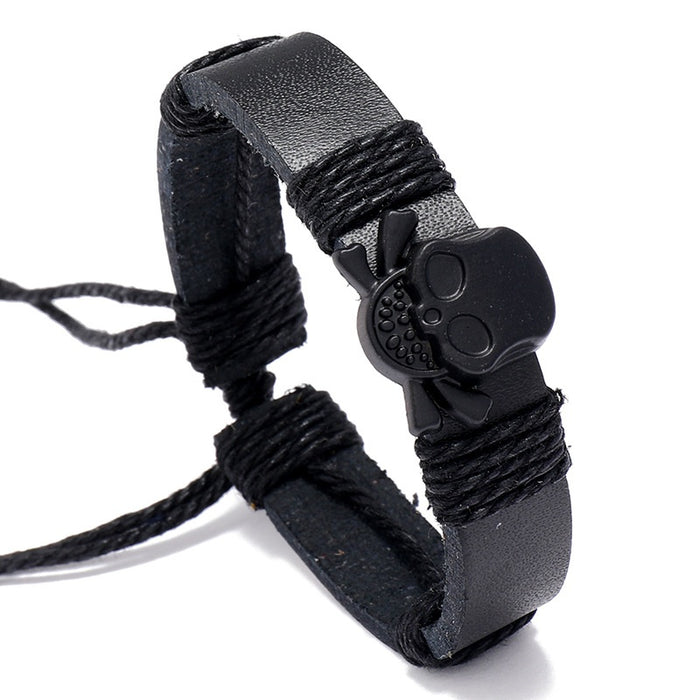 European Men's Black PU Leather Bracelet With Skull Head, Fashion Wristband Bangle Jewelry