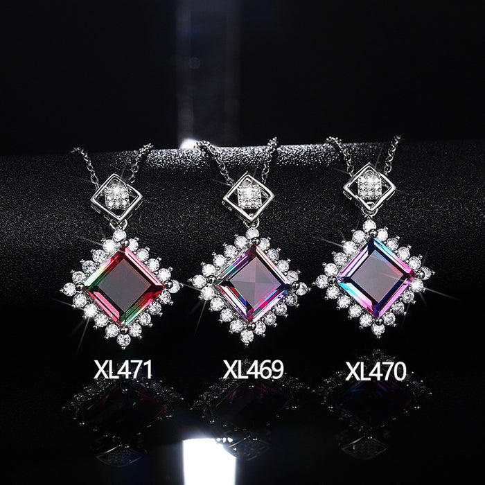 Luxury Geometric Rhombus Pendant Necklace With Simulated Tourmaline Colorful Zircon Collarbone Chain