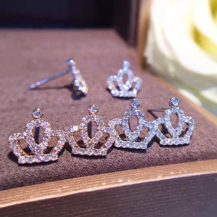 Korean Japanese Style Cute Mini Zircon Crown Stud Earrings Simple Student Ear Jewelry