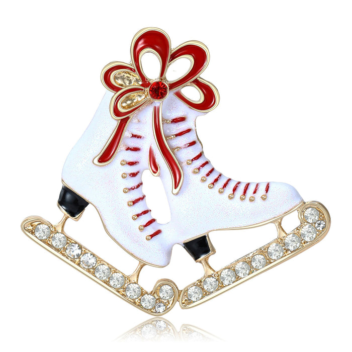 Alloy Enamel Ice Skate Christmas Brooch With Red Bow Detail