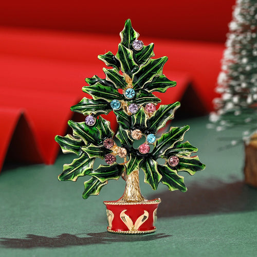 Alloy Enamel Rhinestone Christmas Tree Brooch Pin For Holiday Accessories