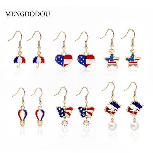 Elegant Enamel American Flag Heart Star Umbrella Hot Air Balloon Pearl Dangle Alloy Hook Earrings