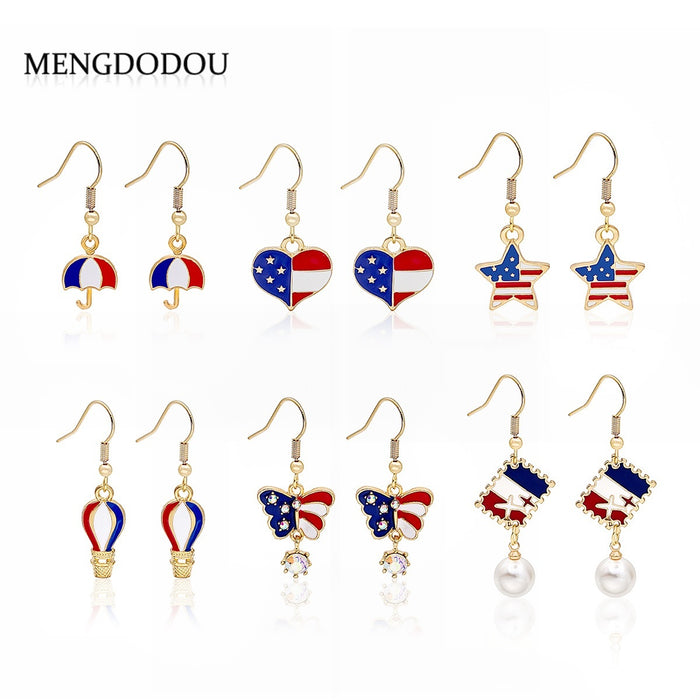 Elegant Enamel American Flag Heart Star Umbrella Hot Air Balloon Pearl Dangle Alloy Hook Earrings