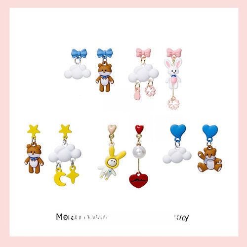 Sweet Asymmetric Pink Bow Rabbit Cloud Bear Heart Enamel Alloy Long Drop Stud Womens Earrings