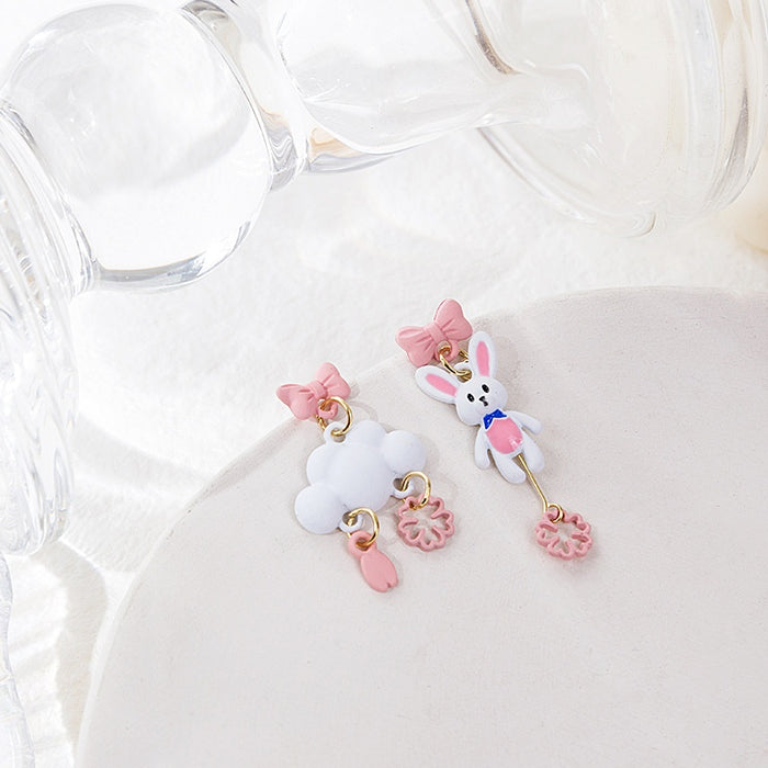 Sweet Asymmetric Pink Bow Rabbit Cloud Bear Heart Enamel Alloy Long Drop Stud Womens Earrings