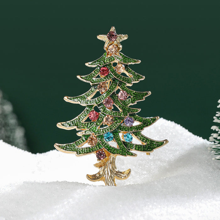 Alloy Enamel Christmas Tree Brooch Pin With Rhinestone Decoration – White