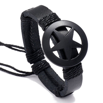European Men's Black PU Leather Bracelet With Pentagram, Fashion Star Wristband Bangle