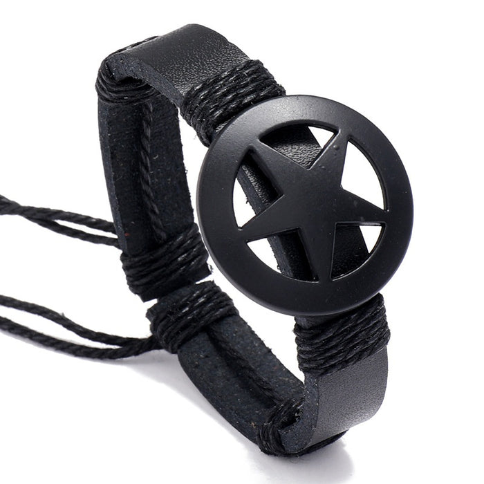 European Men's Black PU Leather Bracelet With Pentagram, Fashion Star Wristband Bangle