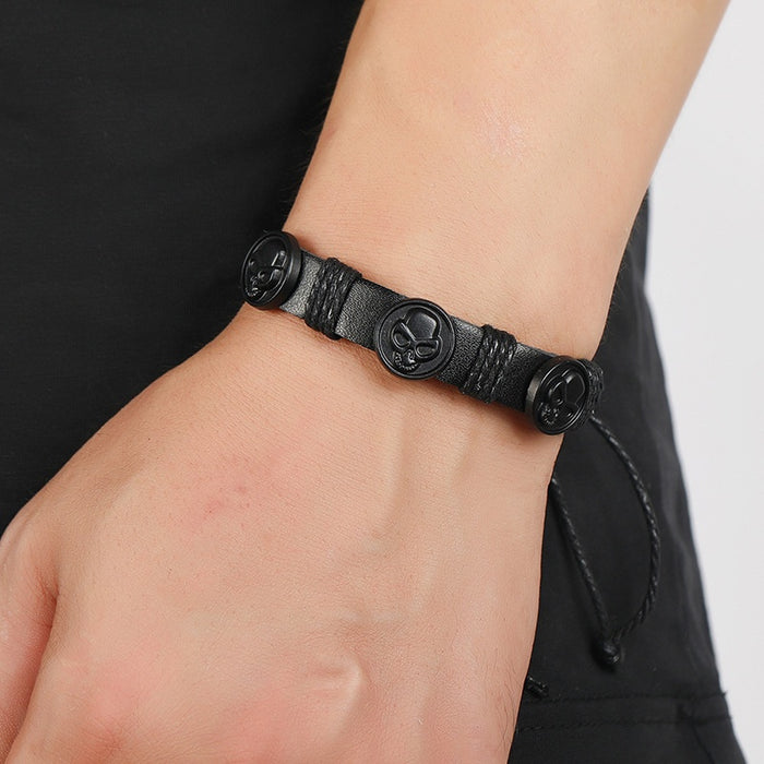 European Vintage Men's Black Leather Bracelet With Skull Head, Fashion Wristband Jewelry